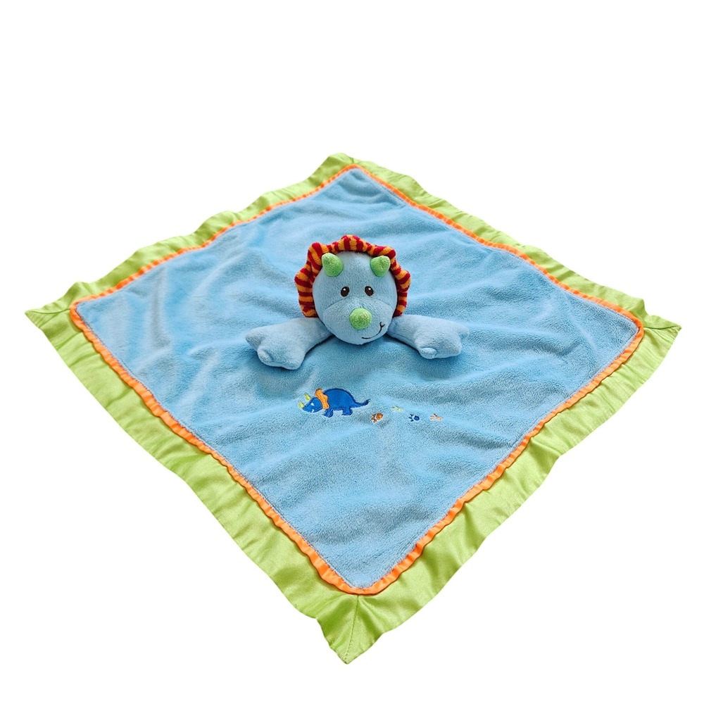 Baby Dino Lovey Security Blanket Blue Green Satin Trim Plush Triceratops Lovie